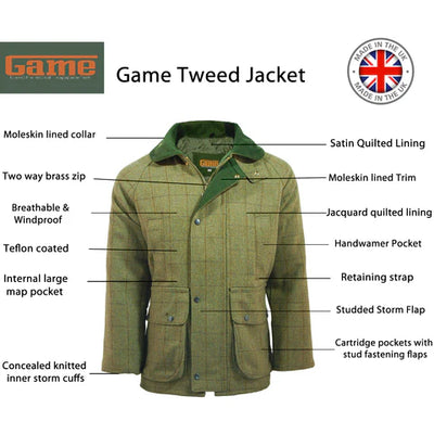 Game Men's Durable Teflon Coated Waterproof Windproof Tweed Shooting Jacket