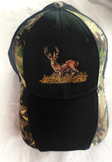 Black and Camouflage Adjustable Hunting Baseball Cap with Embroidered Deer Stag Crest