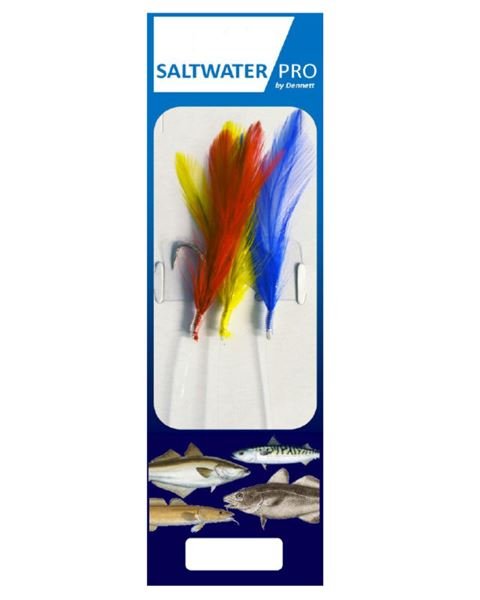 Dennett Saltwater Pro 3 Hook Coloured Feather Red Yellow Blue Sea Fishing Rigs for Mackerel Pollack Cod