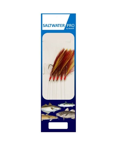 Dennett Saltwater Pro 5 Hook Red Yellow Feather Sea Fishing Rigs for Mackerel Pollack Cod