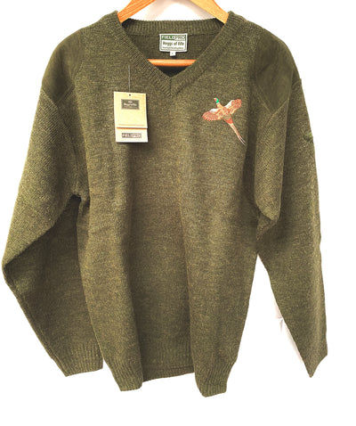 Hoggs of Fife Mens V-Neck Melrose Hunting Shooting Jumper with Embroidered Pheasant Crest (Sizes UK S-XL)