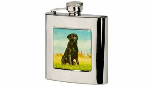 Bisley 6oz Square Stainless Steel Hip Flask Black and Golden Labrador/Pheasants/Grouse Designs in Presentation Box